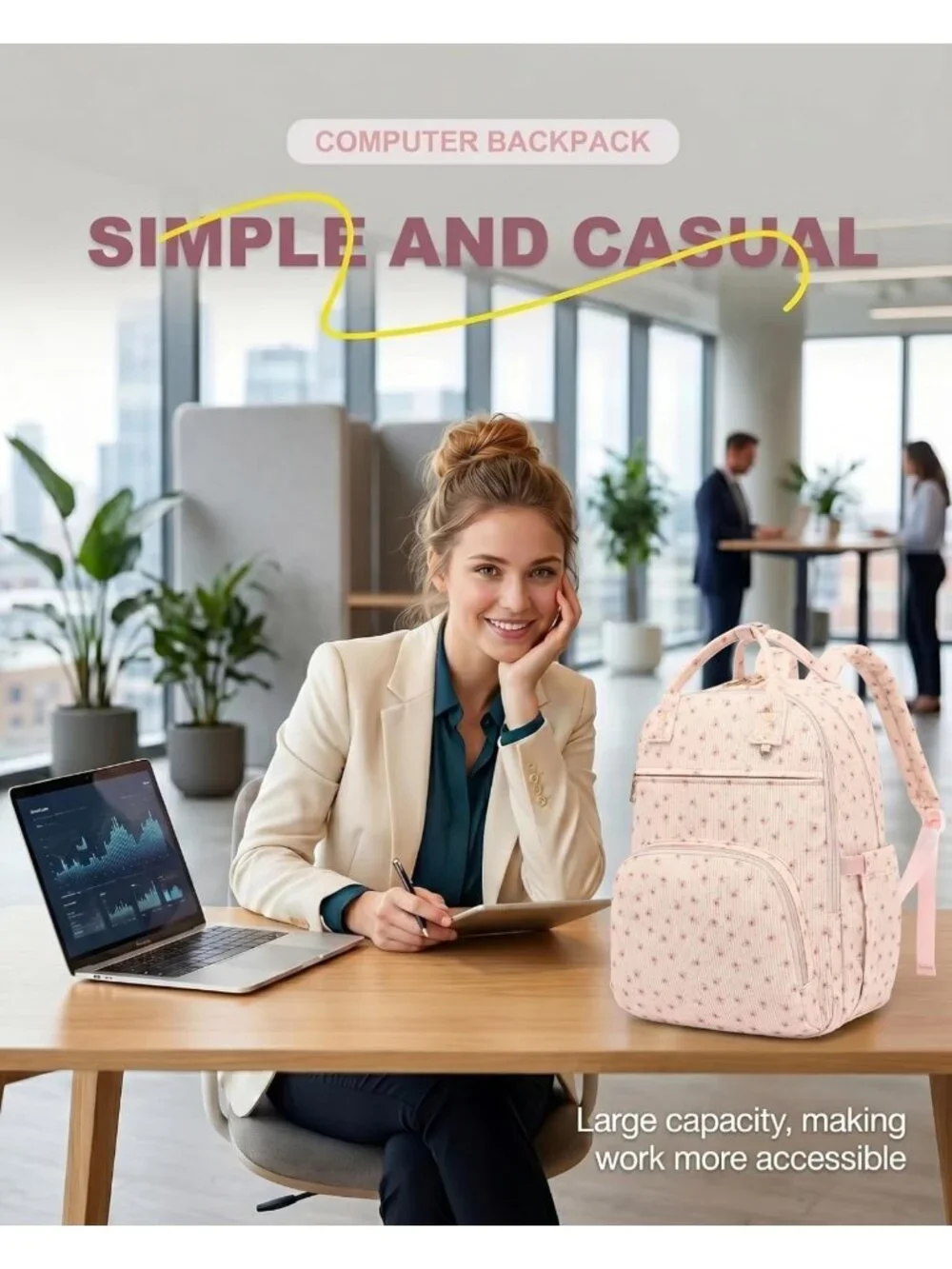 Floral Pink Laptop Backpack for Women, Lightweight School Bag with Compartment